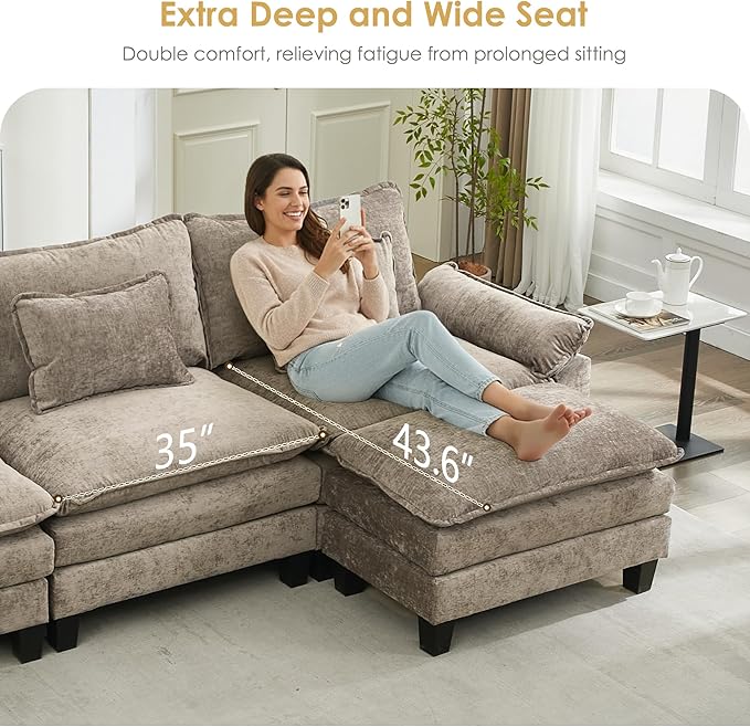 URRED Cloud Couch Modular Sectional Sofa, 87" Modern L Shaped Deep Seat Sofa with Ottoman & Pillows, Ultra Comfy Chenille Couches for Living Room, Bedroom or Apartment, Khaki