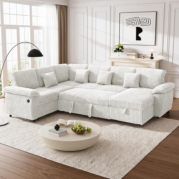 Modular Sectional Sleeper Sofa with Pull Out Bed, Storage Chaise & USB Charging, U Shaped Plush Corduroy Beige Sectional Couches for Living Room, Comfy Convertible 7 Seat Cloud Sofa Bed, Beige