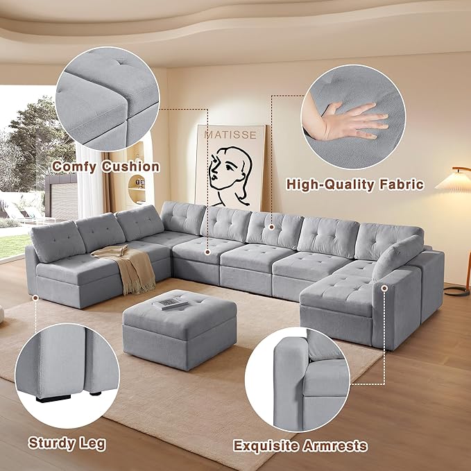 ORRD Modular Sectional Couch, Convertible Sofa with Storage, 3 Seater Sofa Couch Modular with Reversible Chaise for Living Room, Office (Grey)