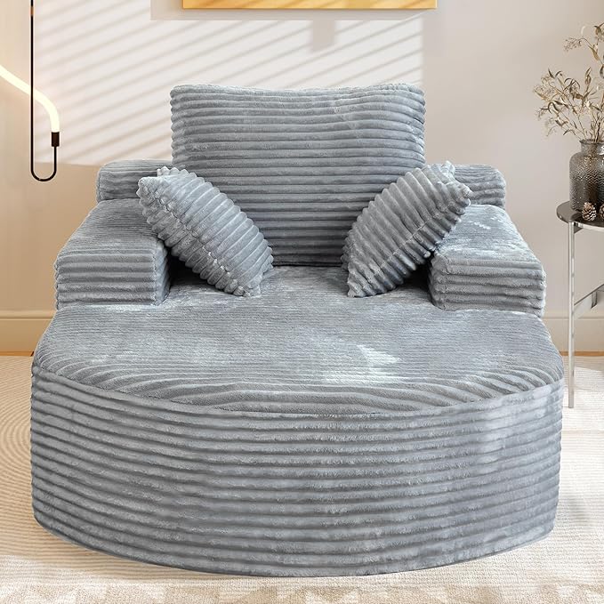 WJShome Corduroy D-Shaped Couches, Oversized Round Chair with Pillows, Circle Chair Sleeper Couch,Modern Sleeper Boneless Sofa for Reading, Gray