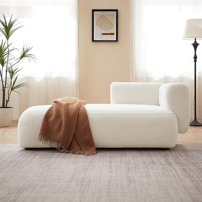 ZEKOKO Modern Boucle Chaise Lounge Chair, Indoor Living Room Furniture, Curved Design, Cream White (Left Hand, Cream)