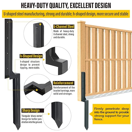 Epcee Heavy Duty Steel Fence Post Repair Stakes, Fence Post Anchor Ground Spike, for Repair Tilted/Broken Wood (8 Pack/Black