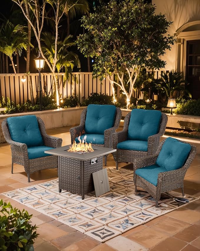 ACTREST Outdoor Patio Chairs with Fire Pit Table 5 Piece Set - High Back Brown Wicker Rattan Lawn Chair with Thick Cushion for Porch Apartment Deck Yard Poolside Garden - Peacock Blue
