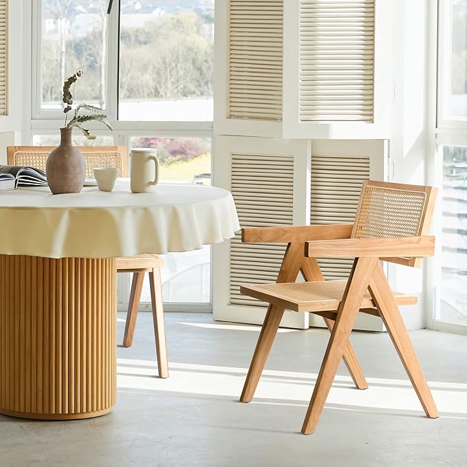 Rattan Dining Chairs Set of 4, Wooden Armchair Cane Kitchen Chairs with Arms, Light Walnut Color