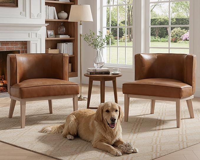 Mid Century-Modern Brown Faux Leather Accent Chairs Set of 2, Comfy Upholstered Barrel Chairs with Wood Leg Reading Armchairs Waiting Room Round Side Chairs for Small Spaces/Living Room/Bedroom/Office