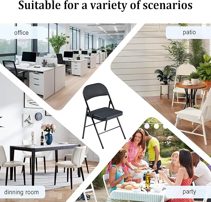 6 Pack Black Folding Chairs with 330 LBS Capacity, Indoor Outdoor Chairs with Padded Cushion and Back, Portable & Foldable Heavy Duty Metal Frame Commercial Seat for Kitchen Party Events Wedding
