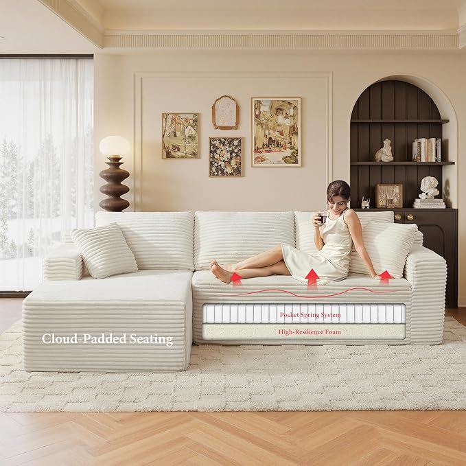 105" Sectional Couches for Living Room Cloud Couch Sofa with L-Shape Upholstered Boneless Couchs Modern Modular Sectional Couch with Chaise (White, 105" W+Left Facing Chaise+2Seaters)