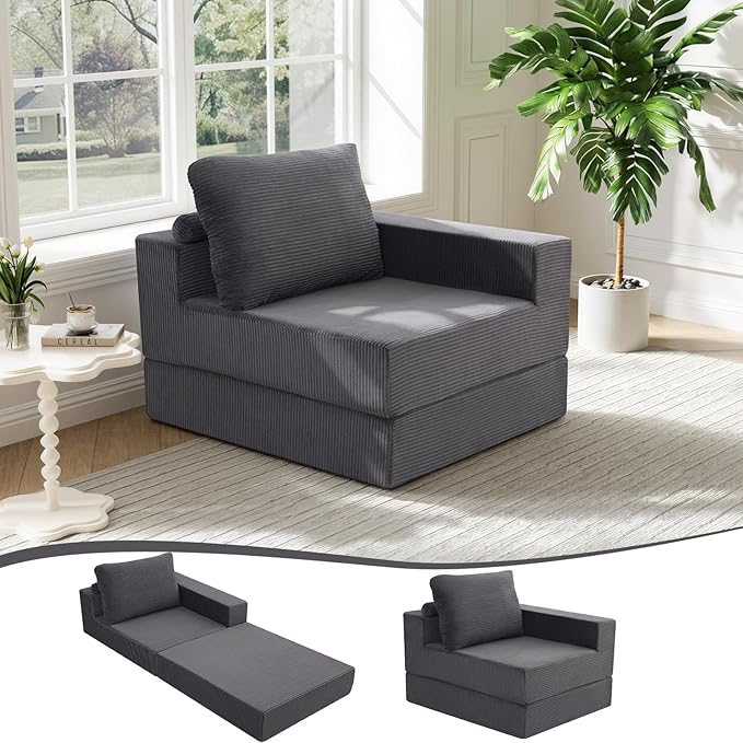 MeMoreCool Folding Sofa Bed L‑Shaped Convertible Sleeper Sofa with Armrest Dark Grey – Fold‑Out Chair Bed for Living Room & Bedroom, Dual‑Section Configurable Foam Seating, Durable Lounge