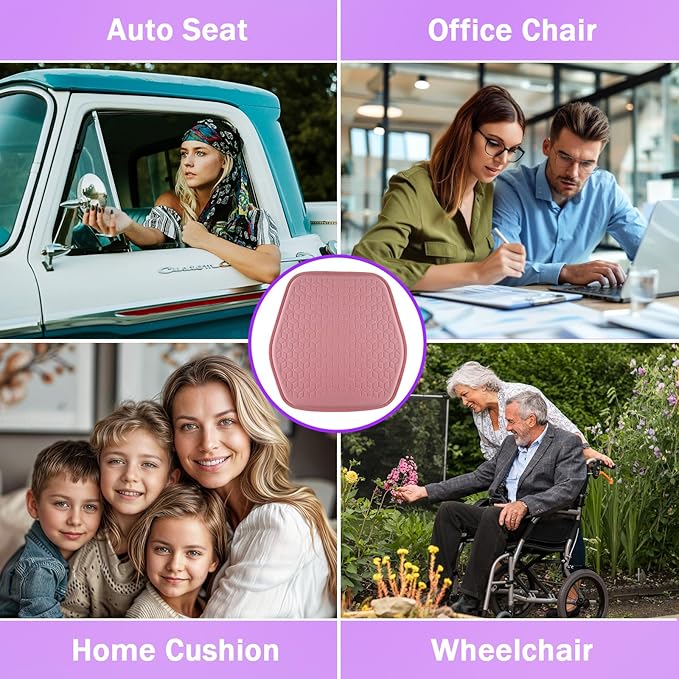Binsheo Thin Gel Seat Cushion for Car Seat, Office Chair, Wheelchair, Golf Cart - Non-Slip Car Seat Cushions with 0.7 Inch Gel - Sciatica & Coccyx Pain Relief (Fabric, Pink)