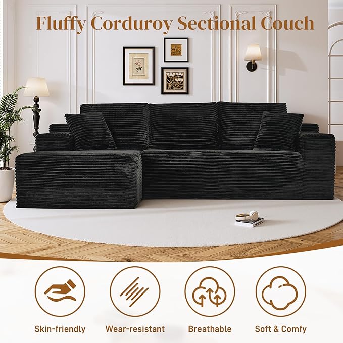 108" Boneless Cloud Sectional Couches for Living Room, Comfy Fluffy L Shaped Memory Foam Deep Seat Boneless Couch, Modular Sectional Sofa with Left Facing Chaise, Black
