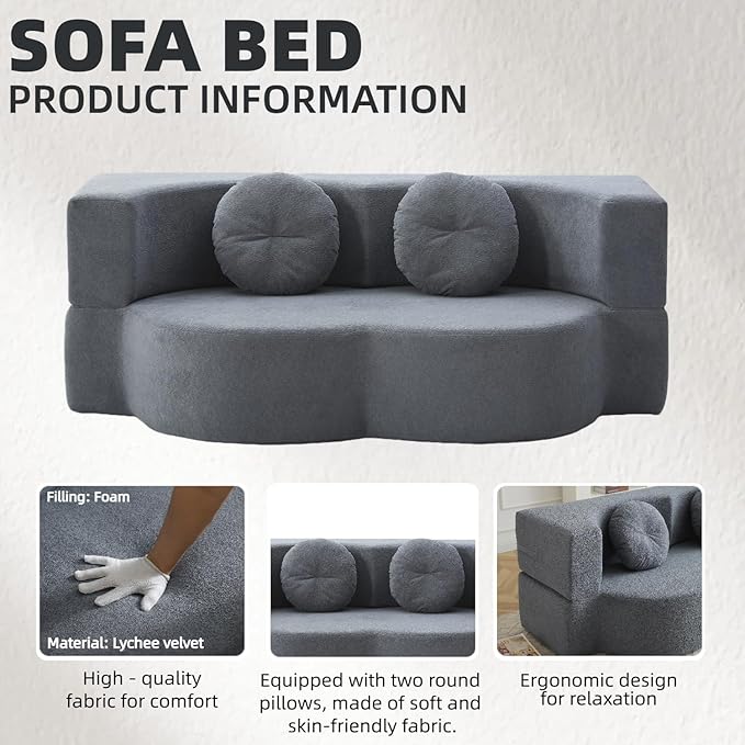 76" Convertible Folding Sofa Bed, 2-in-1 Twin Size Loveseat Sleeper Couch Bed with Two Pillows, Foldable Space-Saving | Design for Dorms Apartments Bedroom& Living Room,No Assemble(Grey)