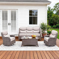 Pugire Luxury High Back Patio Furniture Set with 6-Inch Thick Cushions, 4-Pieces Outdoor Furniture with Swivel Chairs, Wicker Conversation Set for Porch, Balcony, Deck and Yard, Brown/Beige