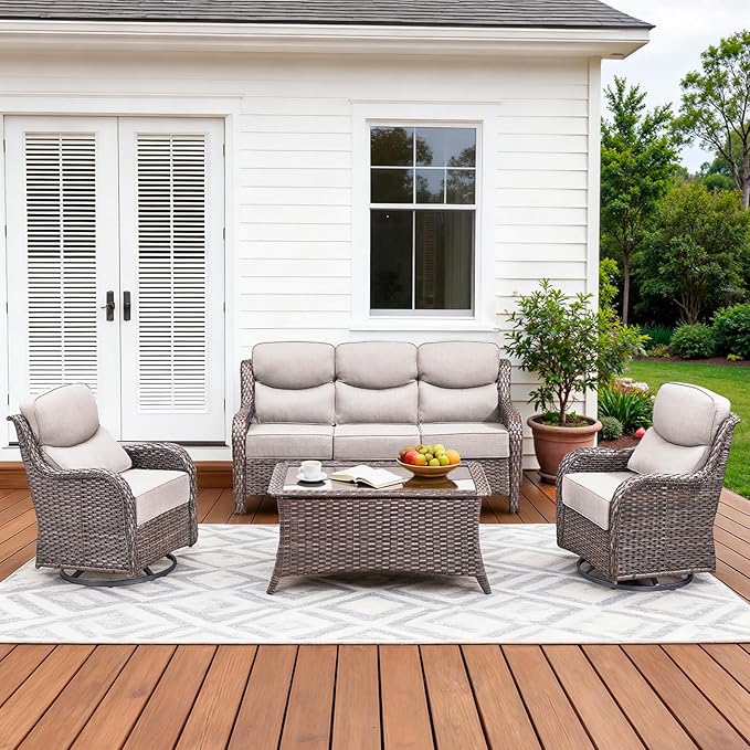 Pugire Luxury High Back Patio Furniture Set with 6-Inch Thick Cushions, 4-Pieces Outdoor Furniture with Swivel Chairs, Wicker Conversation Set for Porch, Balcony, Deck and Yard, Brown/Beige