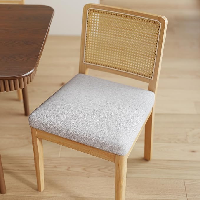 LukeAlon Set of 4 Mid Century Dining Chairs - Farmhouse Style with Woven Cane Back, Plush Chenille Upholstered Seats, Solid Wood Legs, Comfortable Kitchen & Dining Room Chairs, Grey