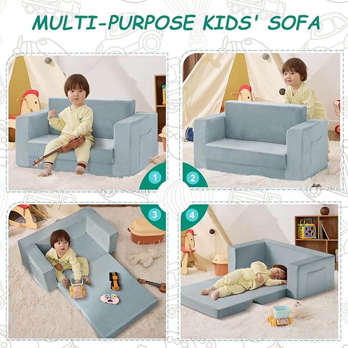 Kids Couch, 2-in-1 Toddler Chair Comfy 1-3 Years, Convertible Kids Chair, Toddler Couch That Fold Out, Kid Lounge Chairs for Boys and Girls, Soft Coral Fleece, Double, Blue