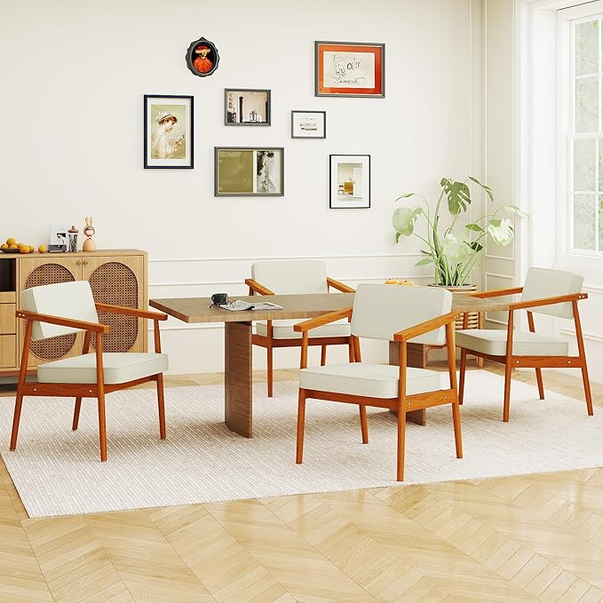 LSSPAID Mid Century Dining Chairs Set of 4, Linen Fabric Upholstered Armchair with Wooden Handrail & Comfy Backrest, Modern Kitchen Chairs for Living Room Dining Room, Beige
