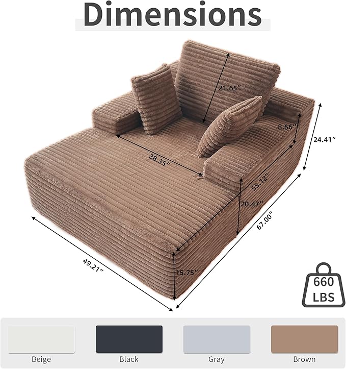 WJShome Oversized Chaise Lounge Chair Indoor, Plush Corduroy Boneless Sofa Bed, Cloud Reading Chair with Throw Pillow for Living Room (Brown)