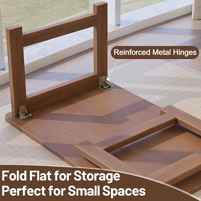 OETPJM Japanese Floor Table, Bamboo Folding Coffee Table, Portable Solid Wood Japanese Tatami Tea Table Table, No Assembly Japanese Dining Table for Sitting on The Floor, Easy Storage (Dark Walnut)