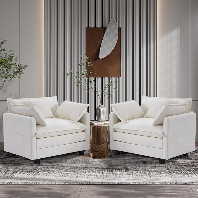 SweetGO corporation 40" Chenille Lounge Chair for Reading, Modern Couch Cozy Sofa Bed, Upholstered Living Room Single Sofa Accent Chair with Ottoman, Beige