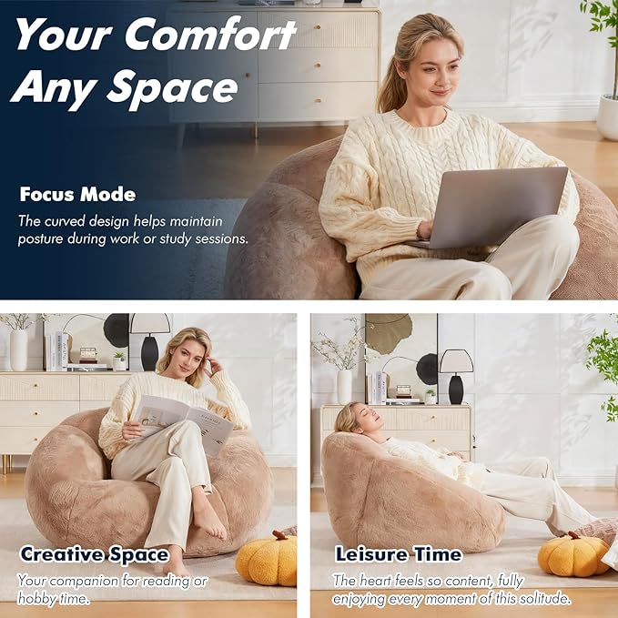 3.28 Feet Bean Bag Chair for Adults, Shell-Shaped Bean Bag Lazy Couch, Faux Fur Cloud Sofa Chair, Lounge Floor Sofa with Filler for Reading, Gaming & Watching, No Assembly Required (Camel)