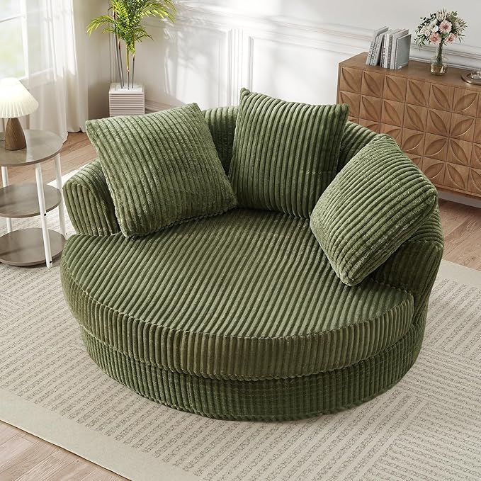 61"W Oversized Round Chaise Lounge Chair Indoor, Upholstered Corduroy Large Circle Boneless Chair with Deep Seat, No Assembly Required, Modern Comfy Cloud Sofa Chairs for Living Room, Bedroom(Green)