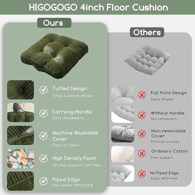 HIGOGOGO Washable Floor Pillow Cushion for Adults, Meditation Cushion Pillow, Large Square Floor Sitting, Removable Tufted Corduroy Cover, for Tatami Living Room or Yoga, 22x22 Inch, Machine Washable