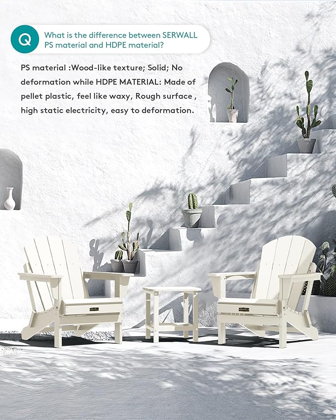 SERWALL Folding Adirondack Chair - HIPS Adirondack Chairs Outdoor Chairs Weather Resistant Fire Pit Chairs- White