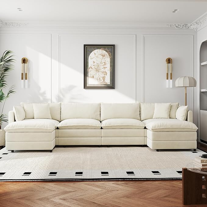 Aoowow Modular Sectional Sofa Modern Convertible U Shaped Couch,147.2 Inch Deep 4-Seater Sofas Set Comfy Chenille Cloud Sofas and Couches with Movable Ottoman for Living Room Apartment（Beige）