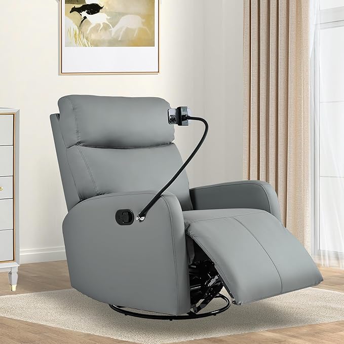 QKFF Swivel Rocker Recliner Chair for Nursery, Upholstered 360° Leather-air Glider Rocking Chair with Phone Holder, Manual Small Recliners for Small Spaces Living Room