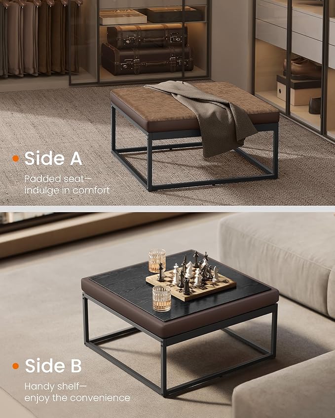SONGMICS Home LUIZ Collection - Ottoman, Square Coffee Table, Footstool, Reversible Top, Padded Seat, Side Table, Minimalist, Steel Frame, Max. Load 660 lb, for Living Room, Walnut Brown ULOM077K01