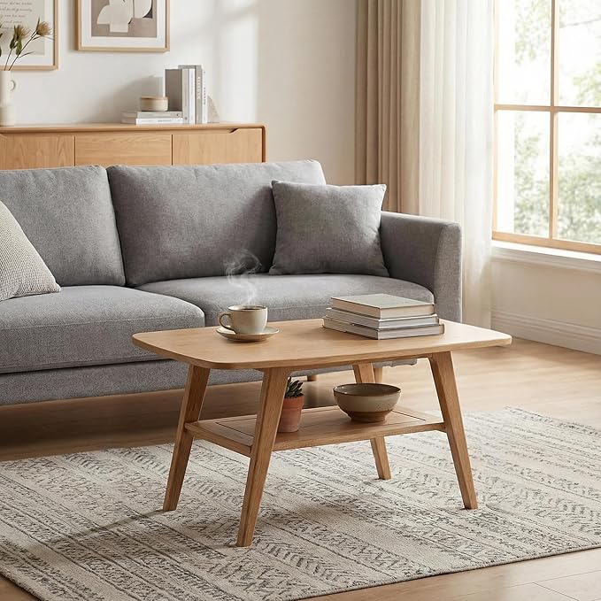 Solid Wood Coffee Table - Modern Wooden Center Coffee Table with Storage Shelf for Living Room,Apartment and Office