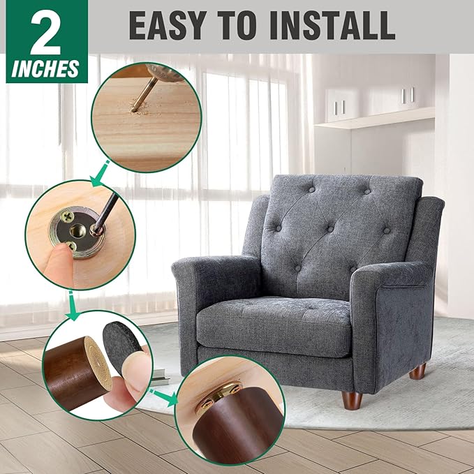 FoDau770 Brown Rubber Wood Furniture Legs 2 Inches, Straight Tapered Wood Feet Mid Century Sofa Legs Set of 4, 5/16" UNC Furniture Feet for Cabinet Couch Dresser Chair Ottoman Table