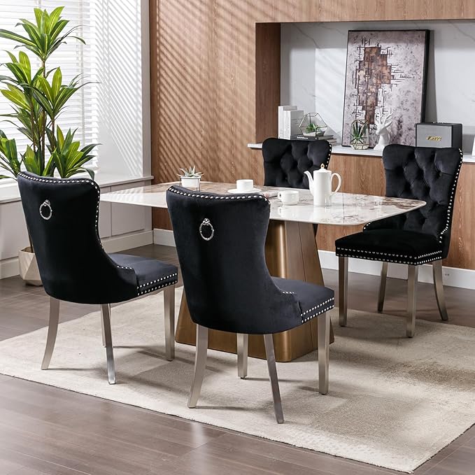 YeahFurn Mid Century Modern Dining Chairs Set of 2, Black Velvet Upholstered Tufted Back, Kitchen & Dining Room Chairs, Brushed Silver Metal Legs, Nailhead Trim, Sillas para Comedor (Black, 2 Pcs)