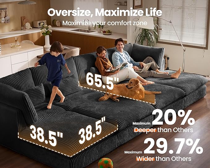 Oversized Modular Sofa, Extra Deep Cloud Corduroy Sectional Couch with Ottoman Chaise, Fluffy Chenille 4 Seater Sofa for Living Room, Villa (Basic 4 Seater, Corduroy Black)
