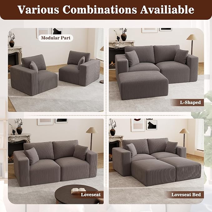 79" Modular Sectional Sofa, Boneless Couch Loveseat Memory Foam Cloud Couch with Ottoman, Cozy 2 Seater Corduroy Floor Couch, No Assembly Required Living Room Furniture for Apartment Bedroom, Grey