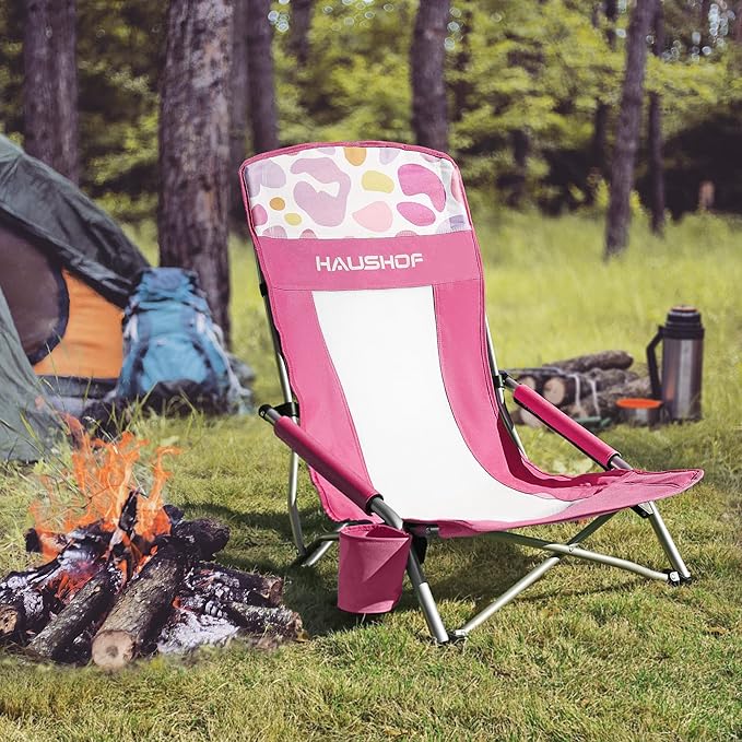 HAUSHOF High Back Beach Chair, Mesh Back Folding Chair, Lightweight Low Seat Camping Chairs with Cup Holder, Carry Bag, Padded Armrest for Outdoor Beach Lawn Camping Picnic Festival