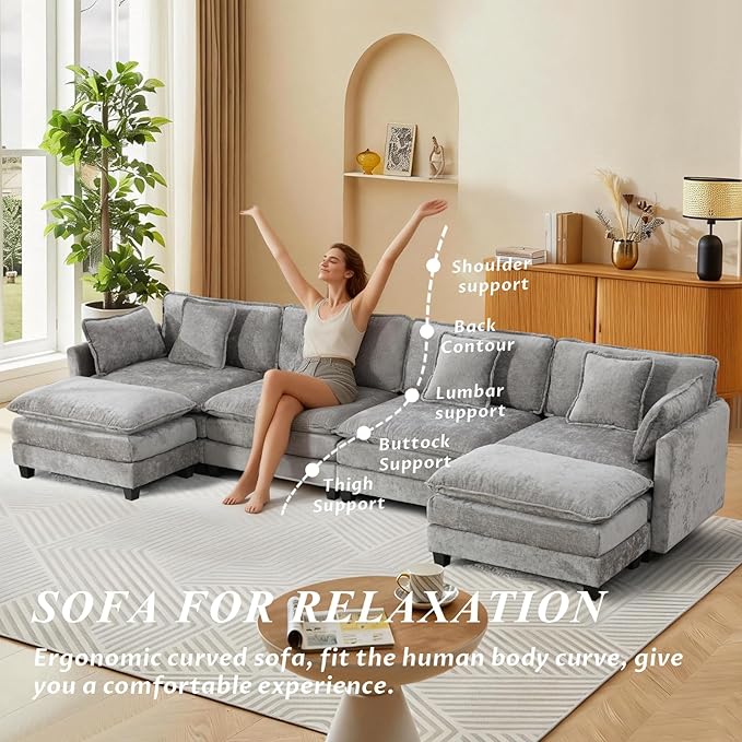 SoarFlash 149.61" Chenille Sectional Sofa, Comfy U Shaped Modular Coush Sofa with Ottoman, Modern 4 Seat Couch Deep Seat Sofa Set for Living Room,Grey