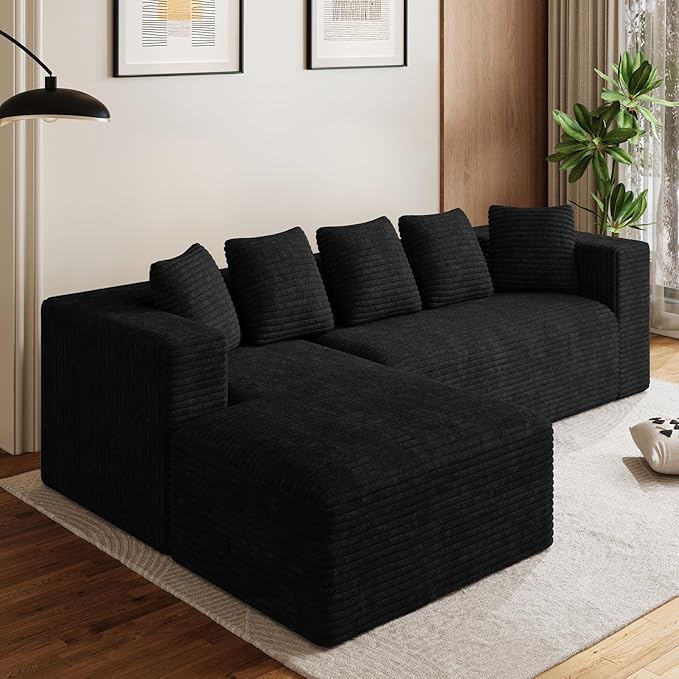 Modular Sectional Sofa, 107" L Shaped Cloud Couch Plush Corduroy Deep Seat Boneless Sofas with 5 Pillows Long Chaise Lounge Couches Memory Foam for Living Room - Black, Left Facing Chaise