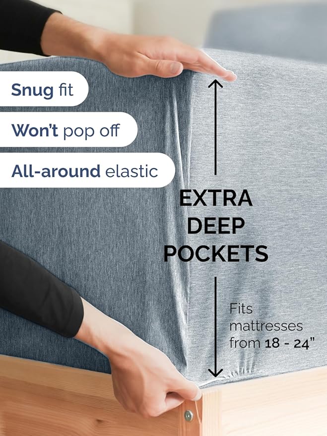 Extra Deep Pocket Twin Sheets - 3 Piece Breathable & Cooling Bed Sheets - Hotel Luxury Sheet Set - Soft, Wrinkle Free & Comfy - Easily Fits Extra Deep Mattresses - Deep Pocket Heathered Blue Sheets