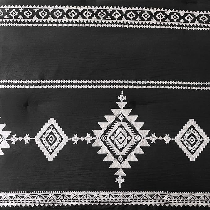 MaiRêve Embroidery Comforter Set, Boho Farmhouse Western Bedding Set, All Season Bed in A Bag Comforter Set with Sheets, Pillowcases & Shams, Black King 7 Pieces