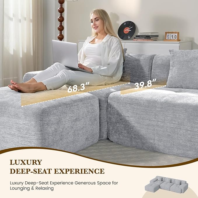 122" L Shaped Convertible Modular Couch, Cloud Couch Sectional with Ottoman, 4-Seater Chenille Boneless Couches for Living Room, Apartment, No Assembly, Light Grey 1PCS