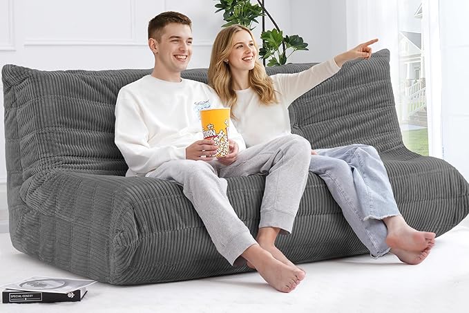 Bean Bag Chair,Giant Beanbag Chairs for Adults,Comfy Large Fireside Chair Lazy Sofa,Corduroy Bean Bag Lounger with Memory Foam Filled,Floor Sofa Couch for Living Room (Dark Grey, 3-Seater)