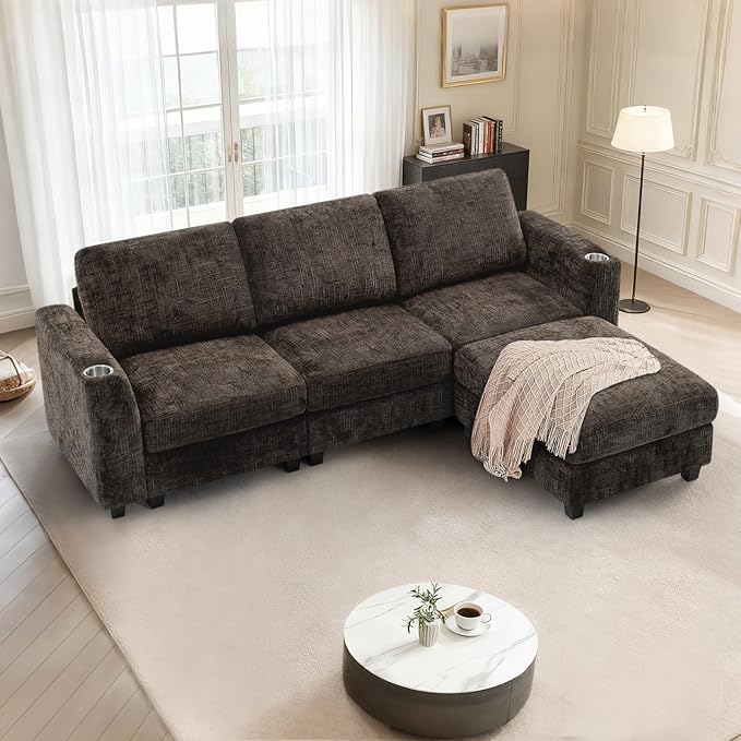 Lesofair 87" Convertible L-Shape Couch with Flexible Ottoman, Soft Sectional Sofa with 2 Built-in Cup Holders, Chenille 3 Seats Sofa with Well-Filled Back Cushions for Living Room, House, Brown