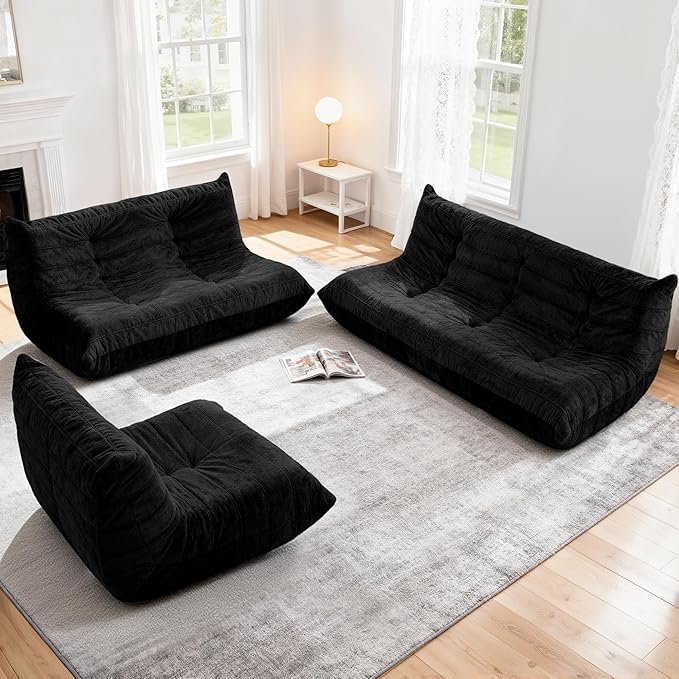 Bean Bag Loveseat Chair Big Sofa Beanbag Chair for Adults Fireside Chair Bean Bag Lounger with Memory Foam Filled for Home,Apartment or Gaming Venue（Black）