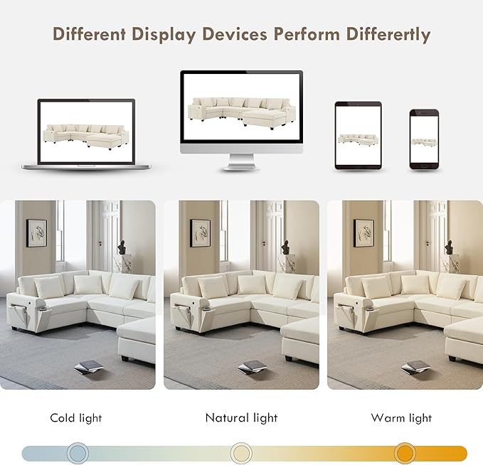 Furnimart 128" U Shaped Sectional Sofa, 5 Seat Chenille Couch Set with Oversized Chaise Lounge, Hidden Armrest Storage and Cup Holders, USB Charging Ports, Deep Seat Sofa for Living Room, Beige