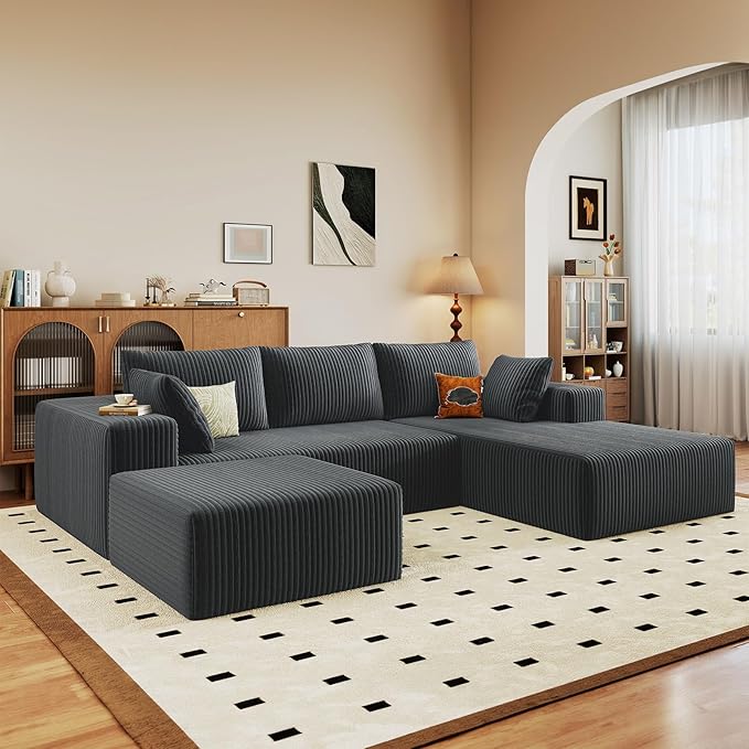 96" W Cloud Sectional Couch with Ottoman,Modern U-Shaped Cloud Couch with Deep Seat,Comfy Corduroy 3-Seater Sofa,Memory Foam Sofa for Living Room,No Assembly (Dark Grey,Right-Facing Chaise)