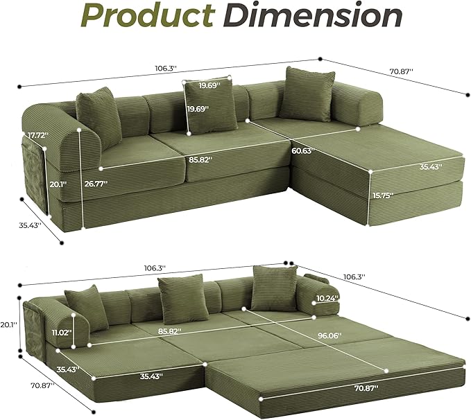 106.3" Oversized Convertible Sleeper Sofa Bed, L Shape Modular Sectional Cloud Sofa with Fixed-Shape Frame, Boneless Couch with Storage Pocket for Living Room, No Assembly Required, Green