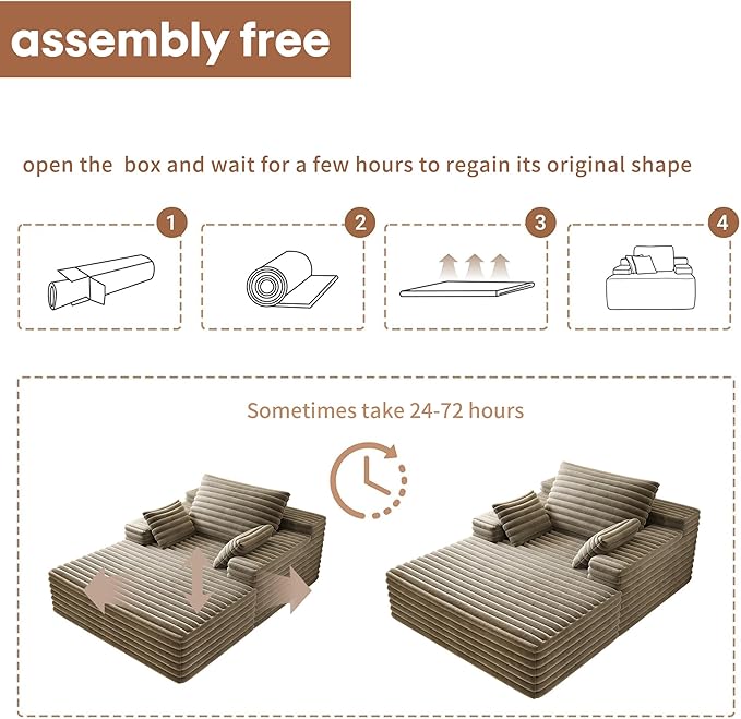 Oversized Chaise Lounge Chair Indoor,51"W Upholstered Sofa Bed,No Assembly Required,Fluffy Plush Modern Single Sleeper Couch Reading Chairs Corduroy Cloud Sofas Couches for Living Room, Bedroom,Camel