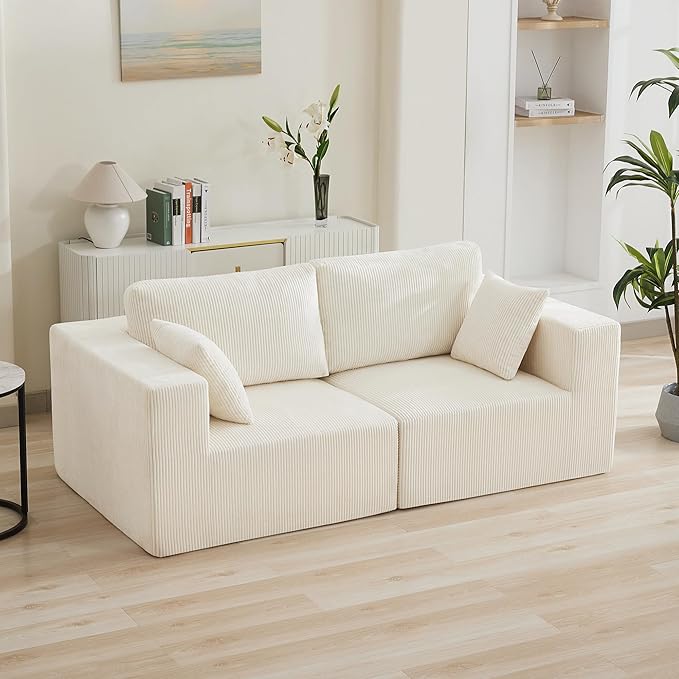 83'' Boneless Loveseat Sofa, Comfy Deep Seat Sectional Cloud Couch, No Assembly Corduroy Love Seat for Living Room, Beige