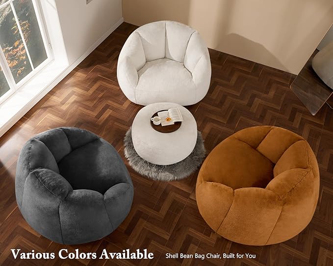 Swivel Giant Bean Bag Chair for Adults with Ottoman - Comfy Plush Round Shell Soft Accent Chaise Lounge Indoor Chair, Oversized Cozy Floor Sofa for Living Room, Bedroom & Game Rooms, Beige